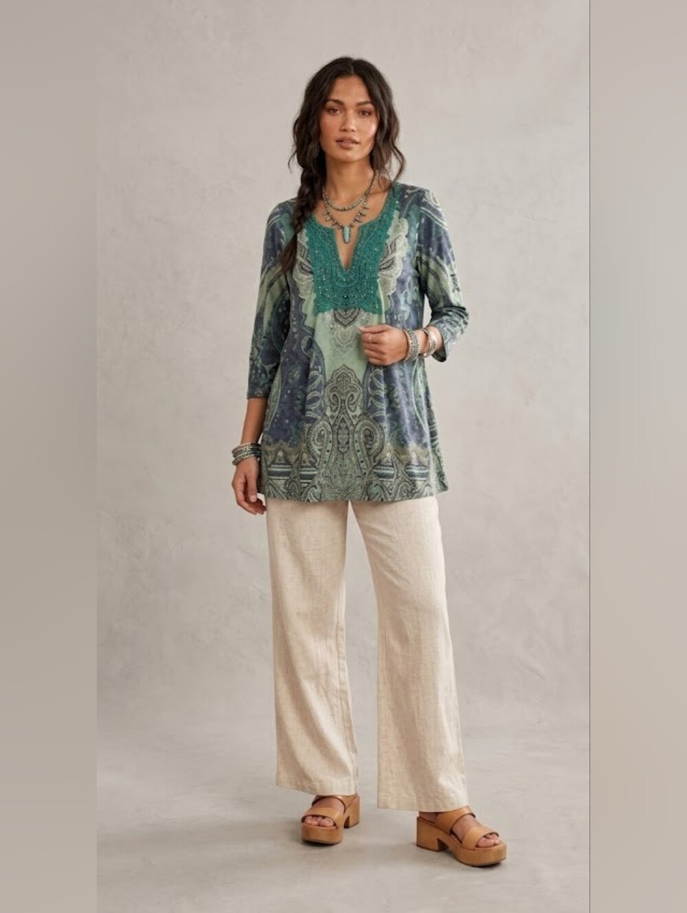One World Women's Size Small Bohemian Teal and Green Tunic
